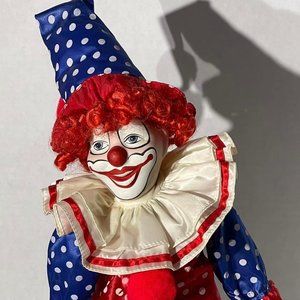 PRIEMIER DOLLS Collector's Clown Porcelain with tags Red/white/blue Vintage 18"